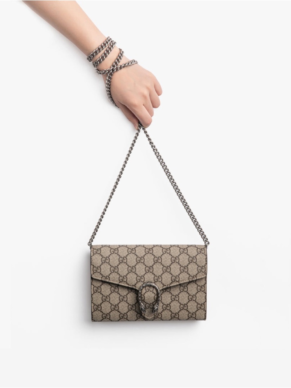Gucci Beige GG Supreme Dionysus Crossbody Bag with Silver Chain